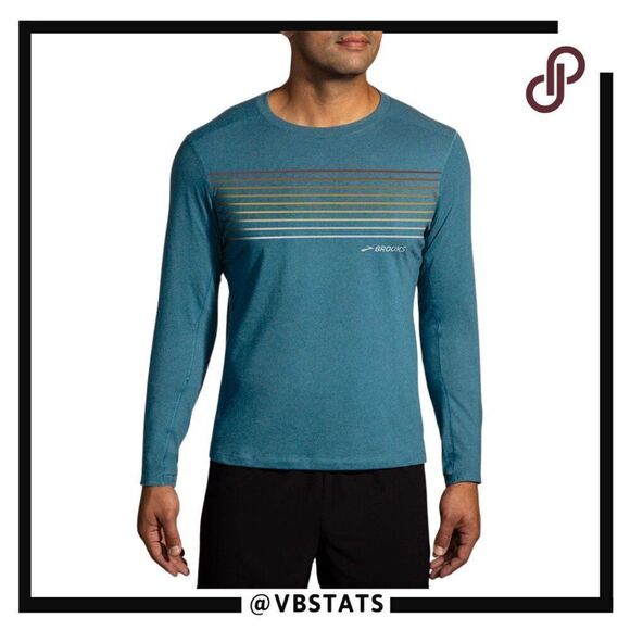Brooks Distance LS Tee 2.0 Heather Slate Blue/Gradient Stripe (NWT) Size XL - Picture 1 of 8